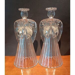 Set of 2 Crystal Glass Angel Candle Holders 7" Tall Christmas
